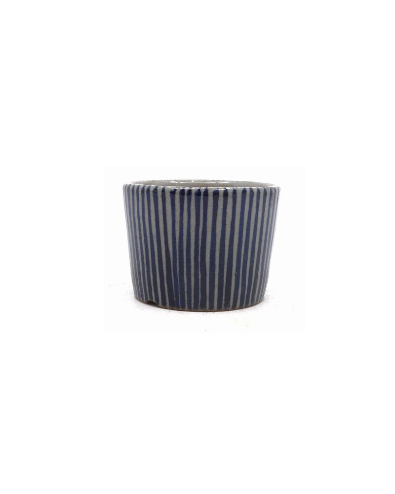 Shohin Bonsai pot handgeschilderd blauwe strepen rond 9cm