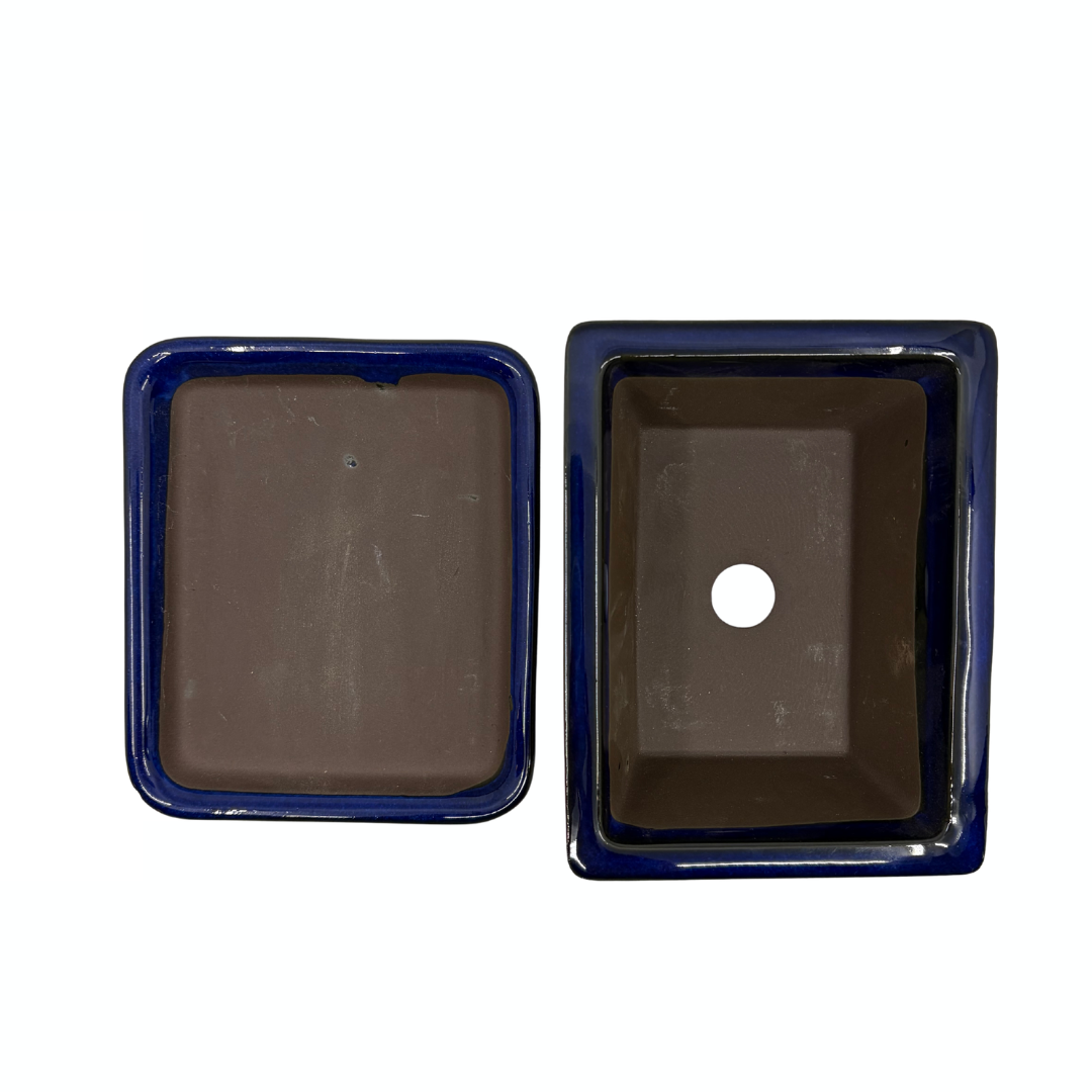 Bonsai-Topf-Set – rechteckig, glasiert, blau (14 cm breit)