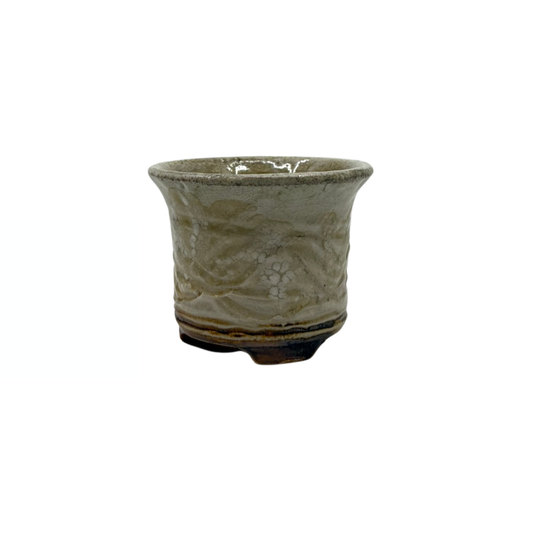 Shohin Bonsai pot crème met gekruiste lijnen René Lecocq 9cm