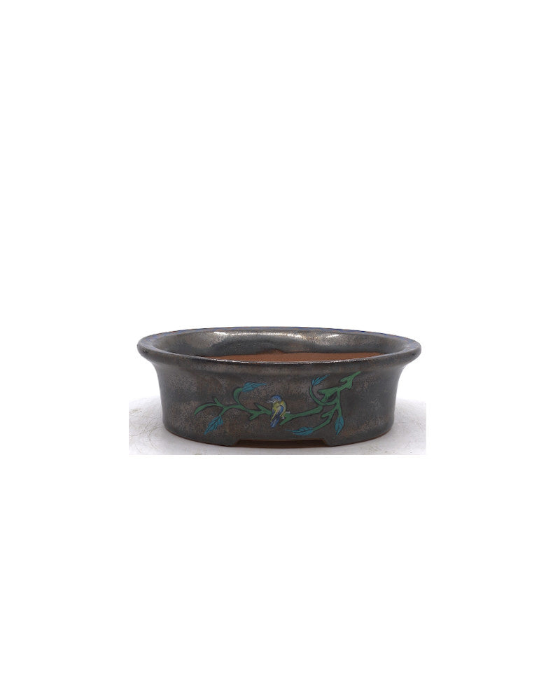 Bonsai pot handgeschilderde vogel ovaal 16cm