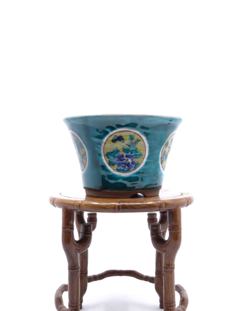 Bonsai-Schale Kutani yaki „Matsutake Ume” handbemalter grüner Schale 12 cm