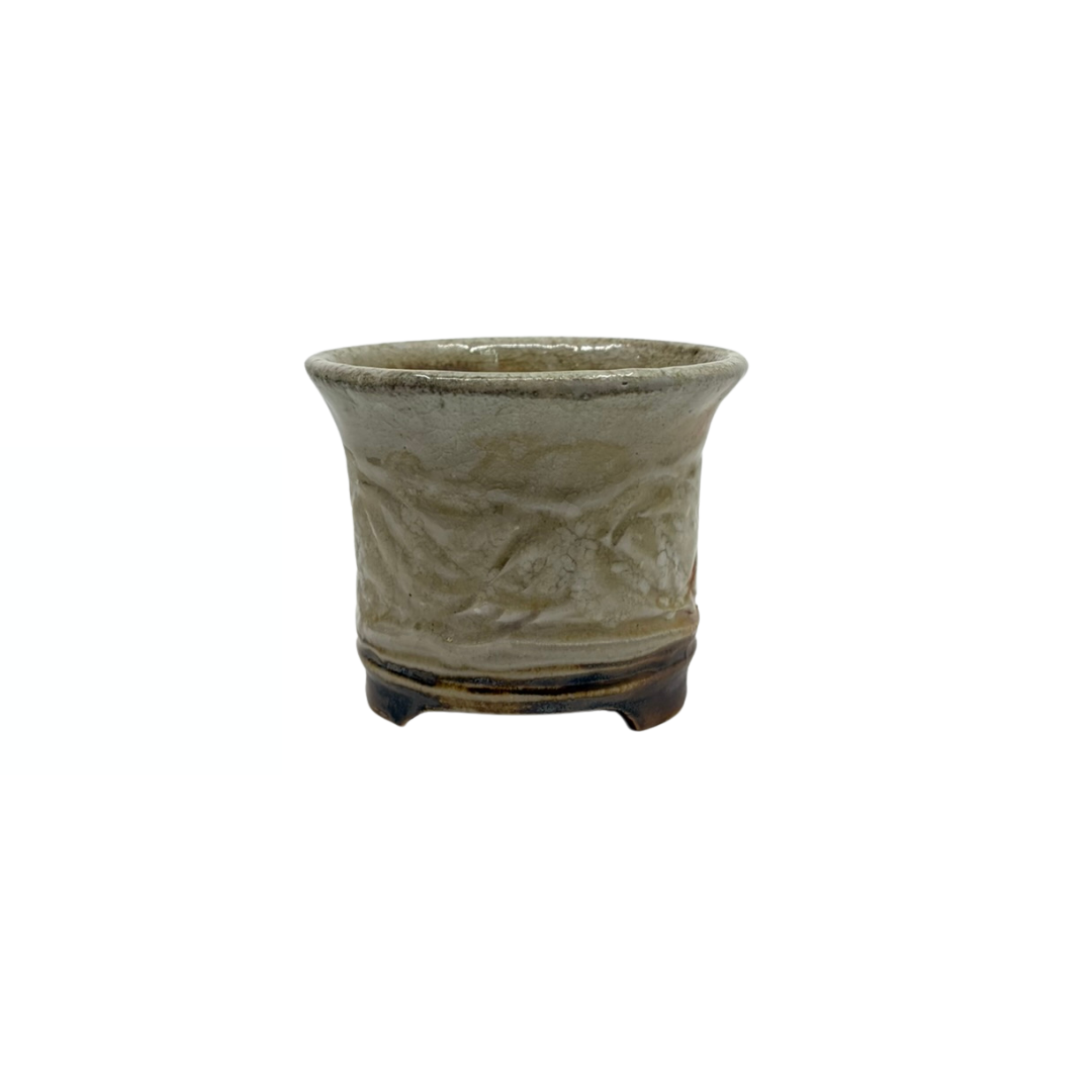 Shohin Bonsai-Schale Creme mit gekreuzten Linien René Lecocq 9cm